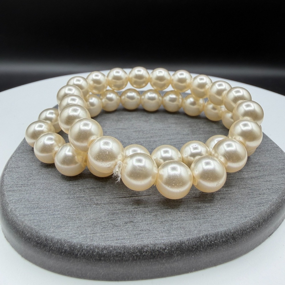 Vintage Double Strand Faux Pearl Stretch Bracelet Set Cream Ivory Beaded Stack